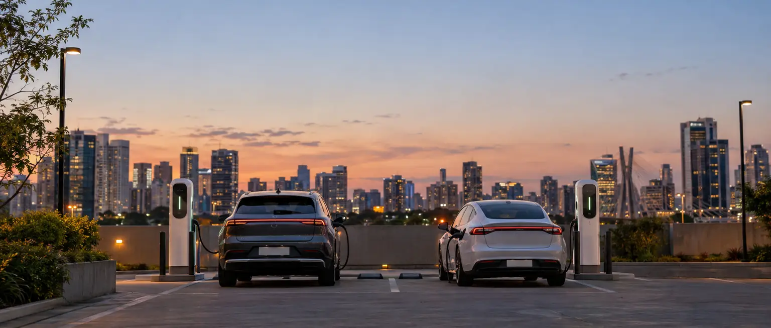 Eletroposto urbano ao entardecer, com carros carregando e a cidade ao fundo
