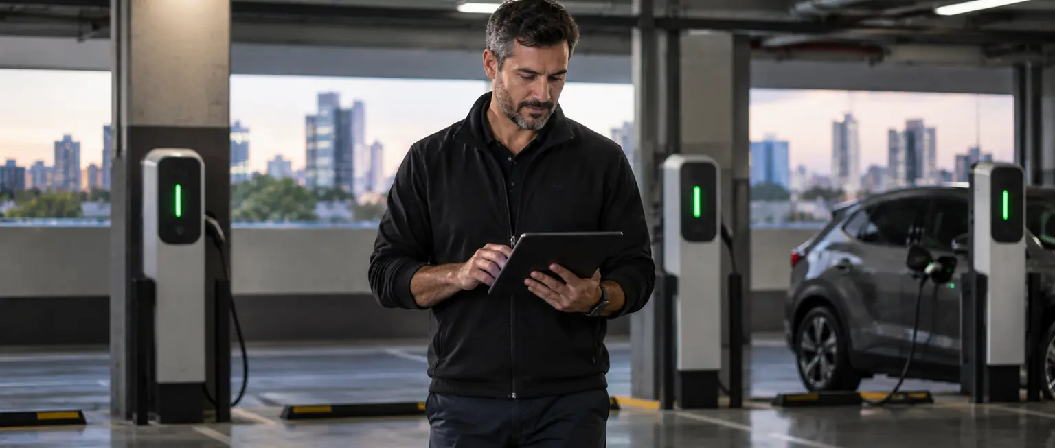 Gerente de estacionamento conferindo o painel da estação num tablet, com carregadores ao fundo.