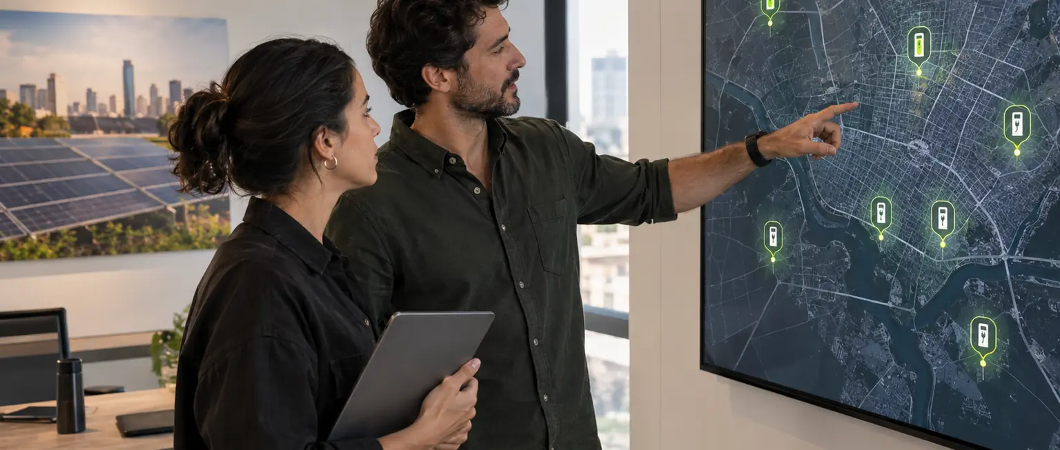 Operador de rede diante de um mapa de eletropostos numa tela, com a equipe ao lado.