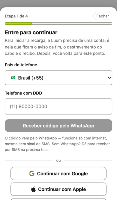 1 · Entra pelo telefone e faz o cadastro uma vez — o código chega pelo WhatsApp